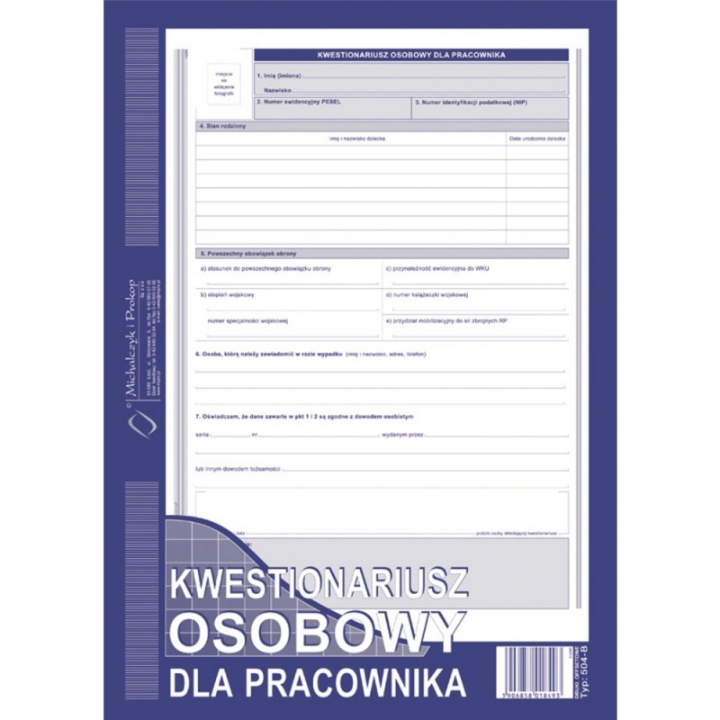 Kwestionariusz osobowy dla pracownika A4 (typ 504-B)