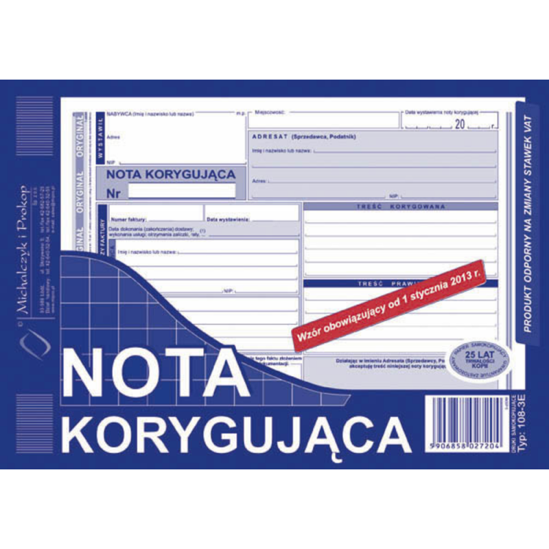 Nota korygująca Vat A5 (typ 108-3)