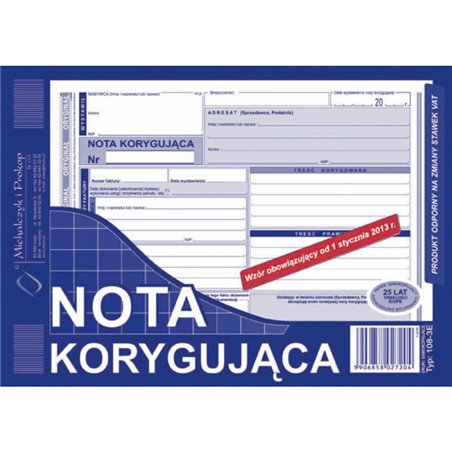 Nota korygująca Vat A5 (typ 108-3)